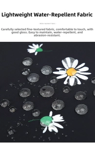 Close-up of water-resistant black fabric with daisy print and clear hydrophobic water drops