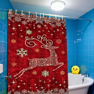 Christmas red shower curtain with snowflake reindeer design and hanging white hooks