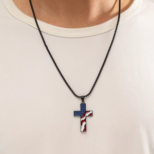 Men's hip hop necklace with USA flag oil-dripped cross pendant on a black chain