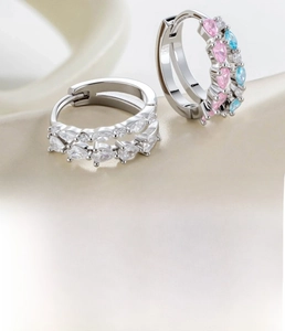 Detailed view of silver-tone double-row zircon hoop earrings with dimensions and material info