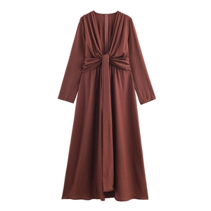 Women V Neck Twisted Knot Front Maxi Dress Elegant Long Sleeve High Waist Solid Color Textured Polyester Sophisticated
