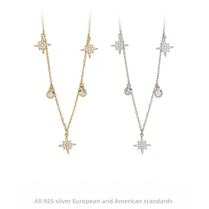 925 Sterling Silver Octagram Star Necklace With Cubic Zirconia Pave Charms For Women Dainty Luxury Jewelry Gift