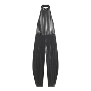 Combinaison Dos Nu Licou Femme Brillant Métallisé Jambe Large Pantalon Lanterne Élégant Fête Sans Manches