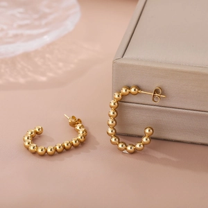 Minimalist 18K gold plated stainless steel C-shape bead earrings for women