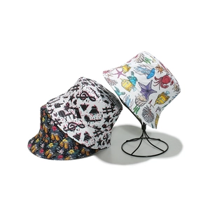 Women's sun bucket hat with ocean, musical note, and tropical summer beer print patterns