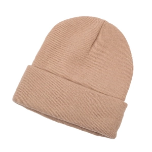 Minimalist light brown knitted beanie for women with warm satin lining for hair protection