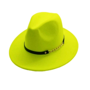 British style lime yellow wool felt fedora hat with gold chain and black leather band