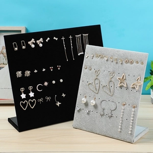 L-shaped velvet earring display stands in black and grey for jewelry organization