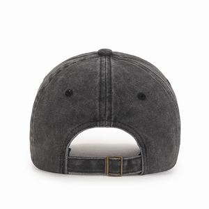 Vintage washed charcoal gray cotton baseball cap with adjustable bronze metal buckle