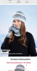 Winter knit set detail showing 55-60cm cap circumference and grey gradient texture