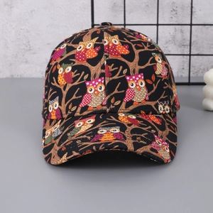 Fashionable black baseball cap with colorful owl print for men and women outdoor sun protection