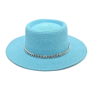 Light blue boater straw hat featuring a stylish silver metal chain around the crown