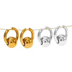 Minimalist stainless steel hoop earrings with polished gold and silver spherical charms