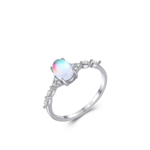 Elegant S925 sterling silver ring with oval moonstone and sparkling side stones