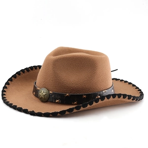 Classic tan wool cowboy hat with star badge and black stitched brim for men and women