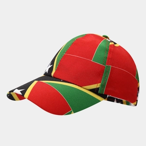 Detail of multi-color baseball cap with Saint Kitts and Nevis flag design and embroidery