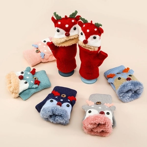 Winter knitted flip top gloves for kids with cute Christmas reindeer and fleece lining