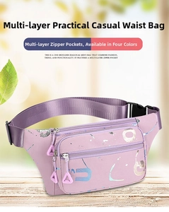 Water-resistant purple waist bag with multiple zipper pockets and adjustable strap