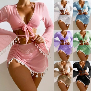 Damen Badebekleidung Bikini Oberteil Unterteil Langarm Mesh Cover Up Top Und Quasten Wickelrock Boho Strand Outfits