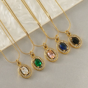 Stainless Steel Oval Zircon Halo Pendant Necklace 18K Gold Plated Elegant Fashion Jewelry Gift For Women Girls