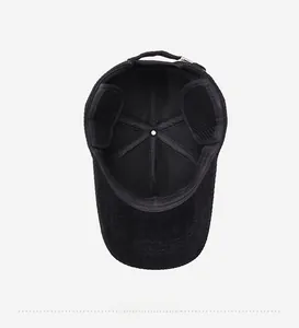 Detail of winter baseball cap showing thick ear flaps and warm lining for men