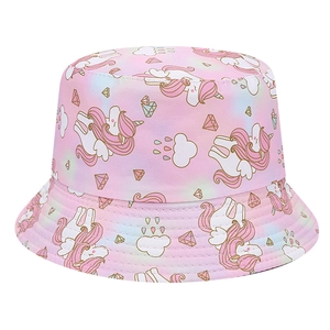Detail of pink kid's bucket hat with colorful unicorn and diamond pattern print