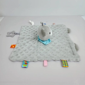 Grey baby comforter toy with textured minky fabric, star teether and colorful ribbons