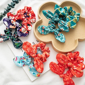 Christmas Scrunchies Hair Ties With Rabbit Ears Bowknot Fabric Velvet Elastic Festive Holiday Hair Accessories