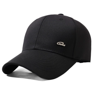 Classic black baseball cap with silver SPORT metal plate and curved brim detail