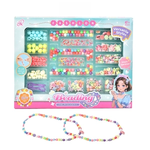DIY jewelry design kit with colorful assorted beads and handmade bracelets for kids