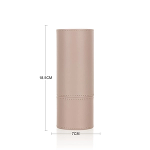 Pink leather makeup brush holder with dimensions 18.5cm height and 7cm diameter detail