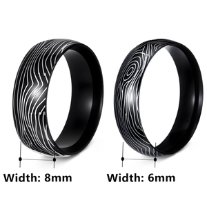 Black Damascus steel pattern rings in 6mm and 8mm widths with polished domed surface