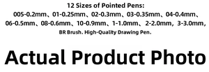 Detailed size chart for 12 waterproof technical pens ranging from 0.2mm to brush tip