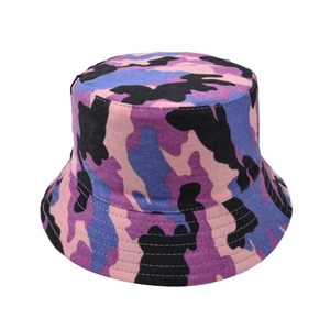 Detailed texture of purple camouflage bucket hat fabric showing high quality stitching