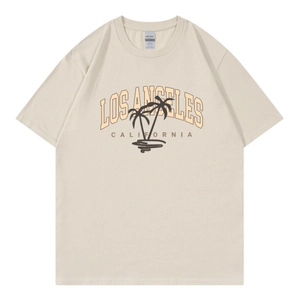 Women's beige loose fit cotton T-shirt featuring Los Angeles surf graphic and crew neck