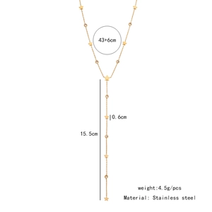 Detailed view of gold stainless steel Y-shaped necklace with star tassels and measurements