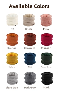 Multi-color collection of knitted neck warmers showing twelve different solid color options