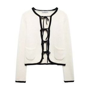 Cardigan En Tricot Pour Femmes Avec Bordure Contrastée Nœud Élégant Devant Pull Court À Manches Longues Avec Poches