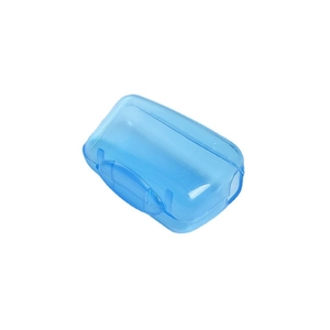 Portable blue translucent travel toothbrush head cover with secure snap closure
