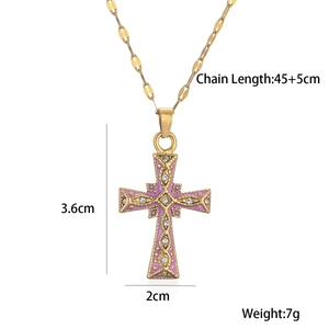 Detail view of gold-plated cross pendant with purple enamel and zircon dimensions
