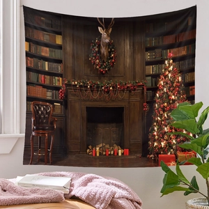 Detailed Christmas tree tapestry showing vintage fireplace and library shelf pattern