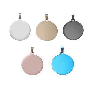 Custom engraved stainless steel round dog tag necklaces in five metallic finish colors