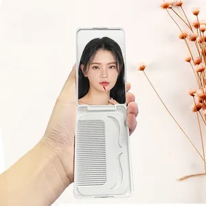 Portable folding makeup mirror with integrated hair comb and white minimalist case