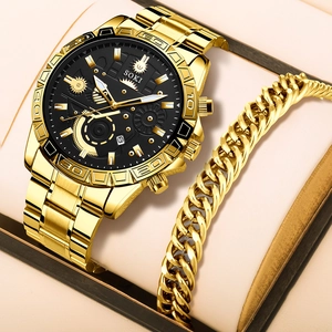 Men Quartz Watch And Cuban Link Bracelet Gold-Tone Stainless Steel Band Business Casual With Calendar Date Black Dial