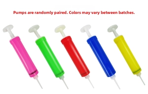 Detailed view of colorful plastic manual air pumps in pink, green, red, blue, and yellow