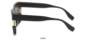 Detail view of black square sunglasses with decorative gold metal hinge and matte arms