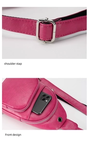 Pink PU chest bag details featuring metal buckle, front zipper pocket and headphone port
