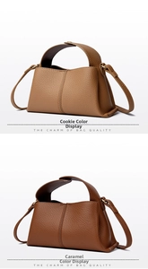 Detailed comparison of biscuit and caramel square leather handbags with lychee grain texture