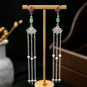 Close-up of vintage pink floral earrings with long silver tassels and jade-style beads