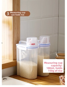 Detail of transparent grain storage container with scale measuring cup and sealed lid